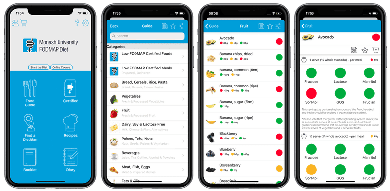 Screenshots of Monash University FODMAP app