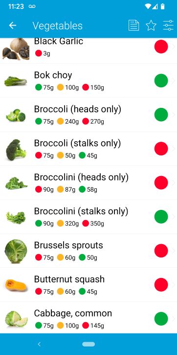 Screenshot of the Monash app vegetable list