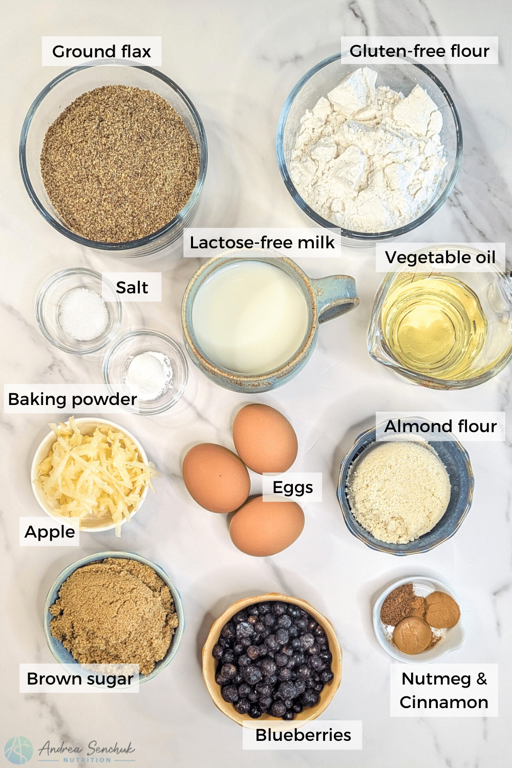 Ingredients for low fodmap flax muffins.
