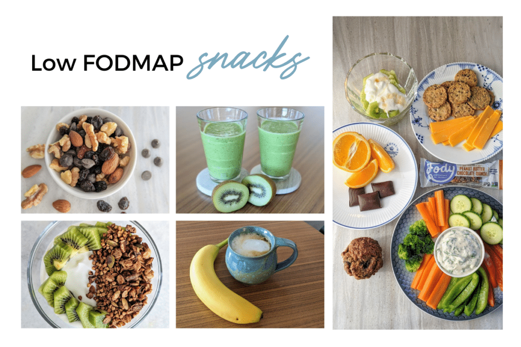collage of healthy low fodmap snacks including kiwi smoothie, trail mix, granola parfait, fruit