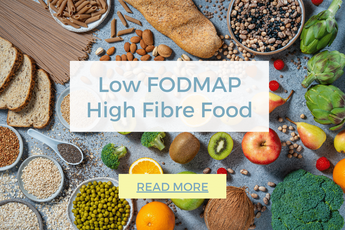 Flat lay of high fibre food like chia seeds, lentils, whole grain pasta and bread, kiwi, broccoli, oranges, etc.