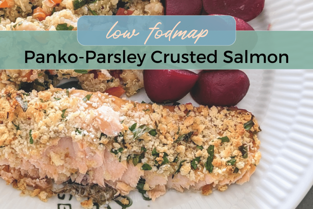 low fodmap salmon with parley panko crust, beets and quinoa salad