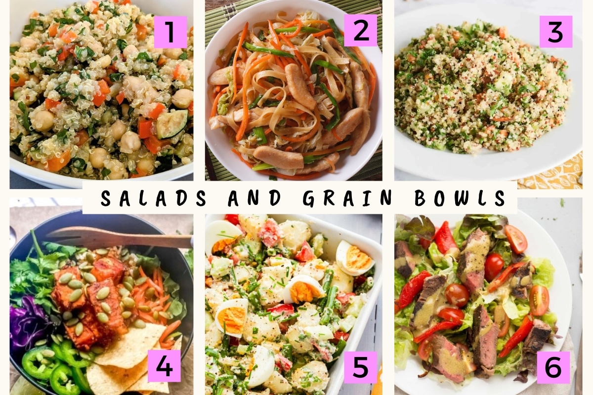 Collage of 6 salad and grain bowls for low fodmap lunch ideas